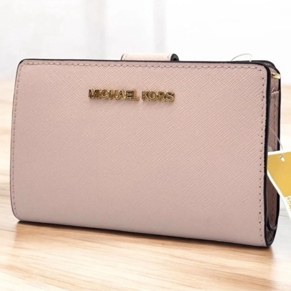 Michael Kors Medium Jet Set Travel Zip Chain Bifold Wallet Leather Powder Blush